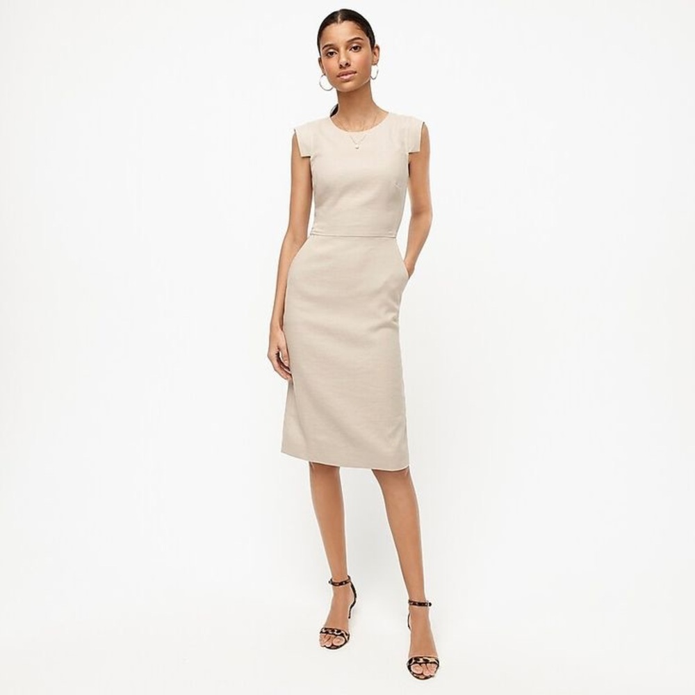 NWT J. Crew Cream Linen Blend Sheath Midi Dress with Cap Sleeves and Pockets